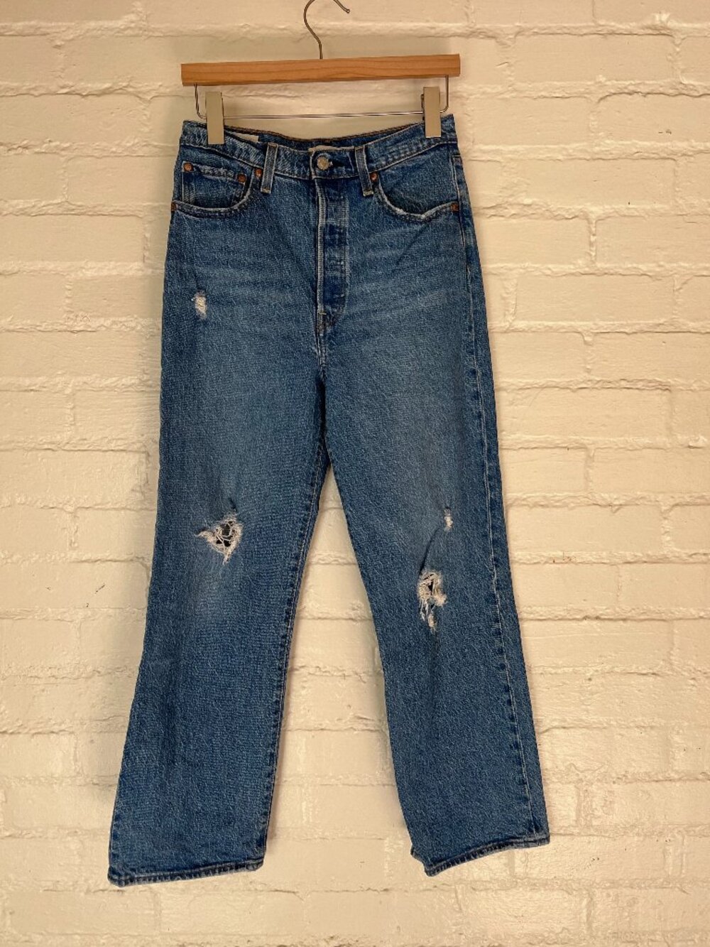Levis Ribcage Straight Ankle Blue Denim Jeans Size 28 Women's Distressed Buttons